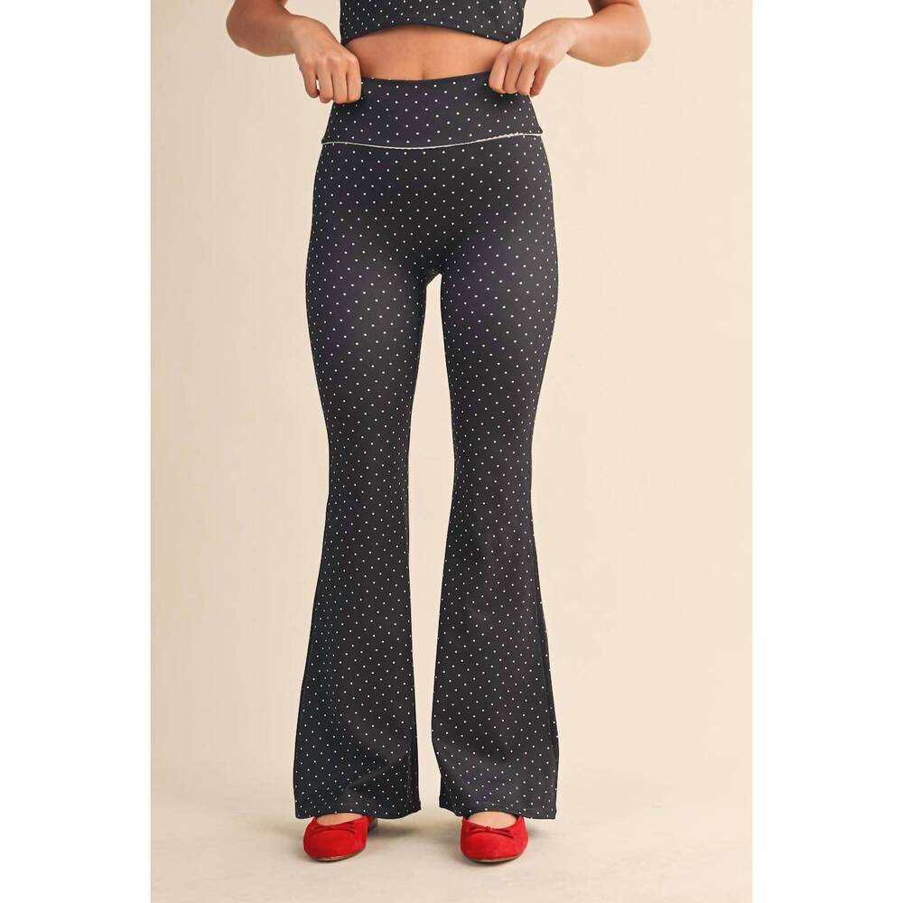NEW KIMBERLY C polka dot flare pants with lace trim in black polka dot